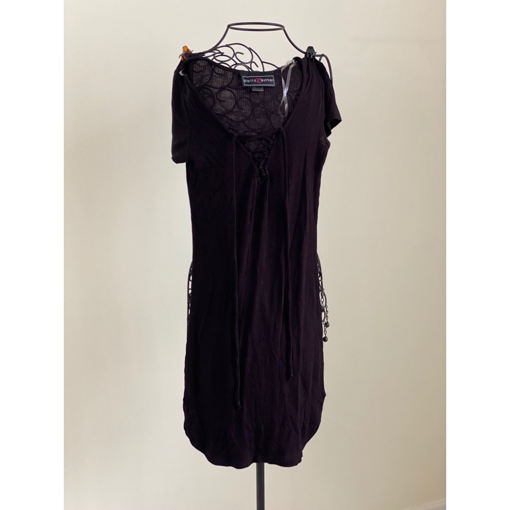 BROWN RIB KNIT BODY CON DRESS WITH LACE UP FRONT
